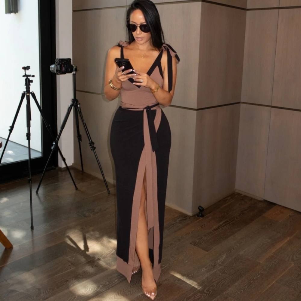 Colorblock V-Neck Wrap Maxi Skirt Dress - Brown/Black - Picture 5 of 6